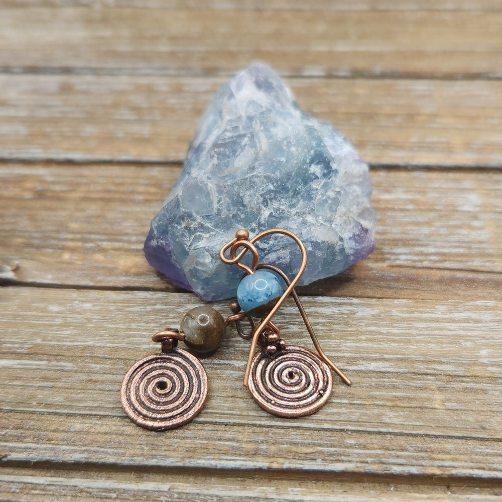 Teal Impression Jasper and Copper Spiral Drop Earrings